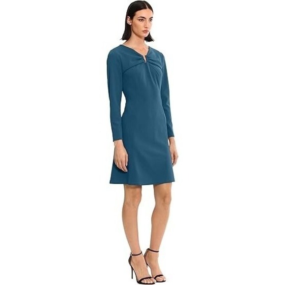 Donna Morgan Dresses & Skirts - Donna Morgan Teal‎ Blue Keyhole Neck Long Sleeve Crepe Shift Dress Size 18
